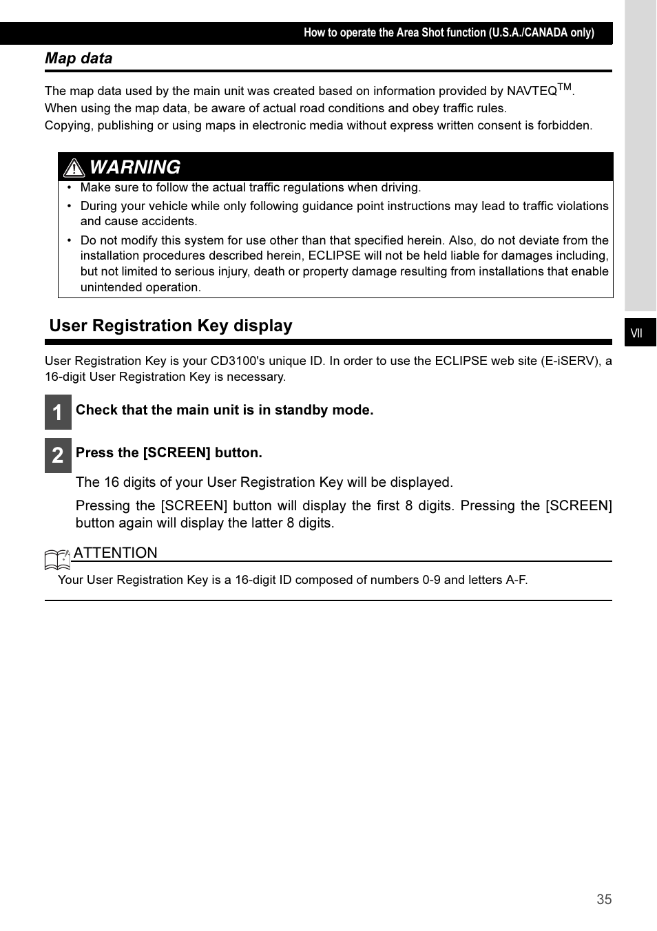 Map data, User registration key display, Warning | Eclipse - Fujitsu Ten CD3100 User Manual | Page 35 / 215