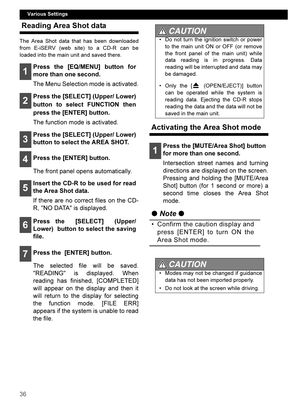 Reading area shot data, Activating the area shot mode, Caution | Eclipse - Fujitsu Ten CD3100 User Manual | Page 36 / 215