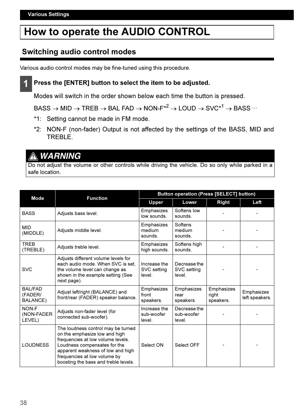 How to operate the audio control, Switching audio control modes, Warning | Eclipse - Fujitsu Ten CD3100 User Manual | Page 38 / 215