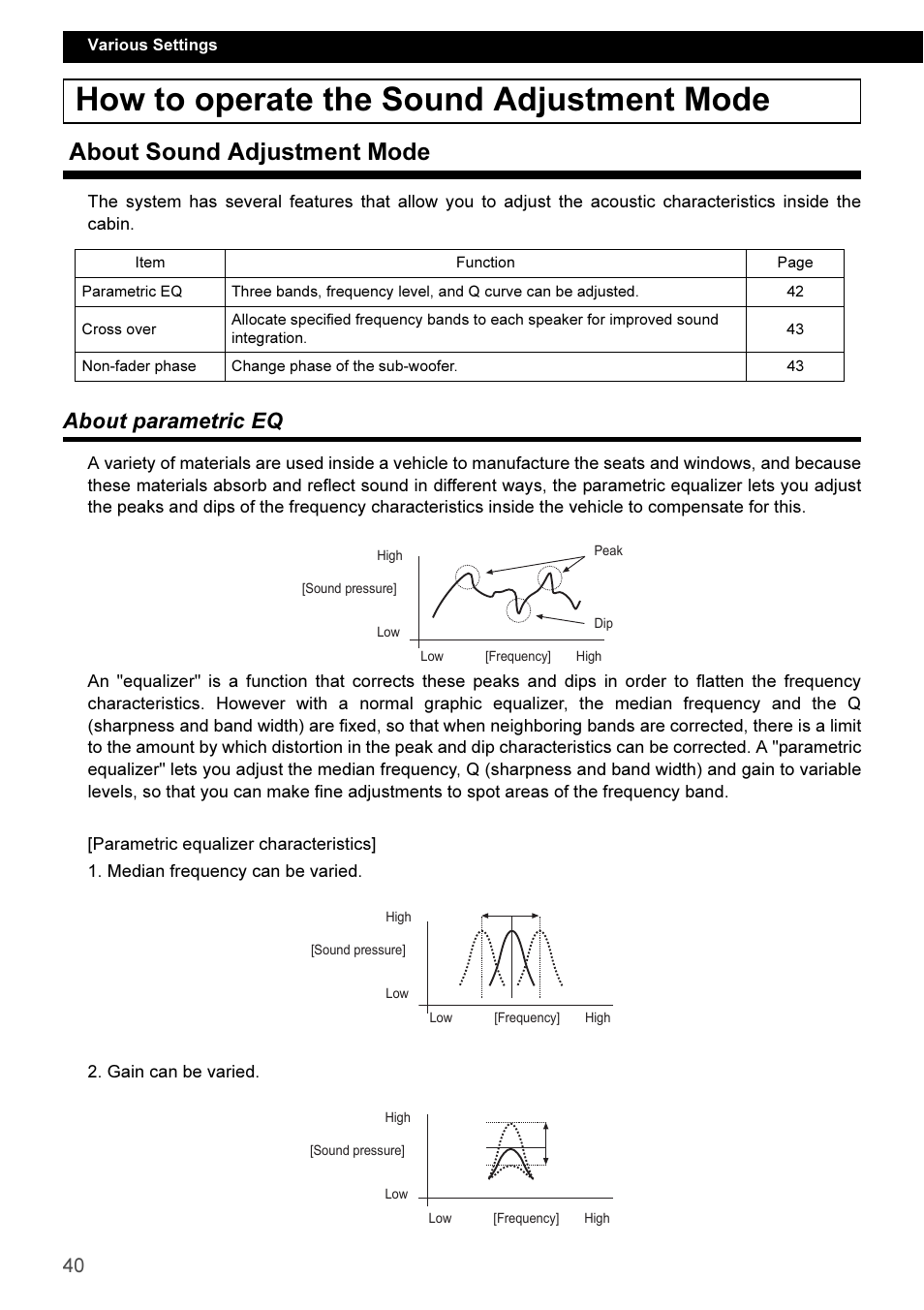 How to operate the sound adjustment mode, About sound adjustment mode, About parametric eq | Eclipse - Fujitsu Ten CD3100 User Manual | Page 40 / 215