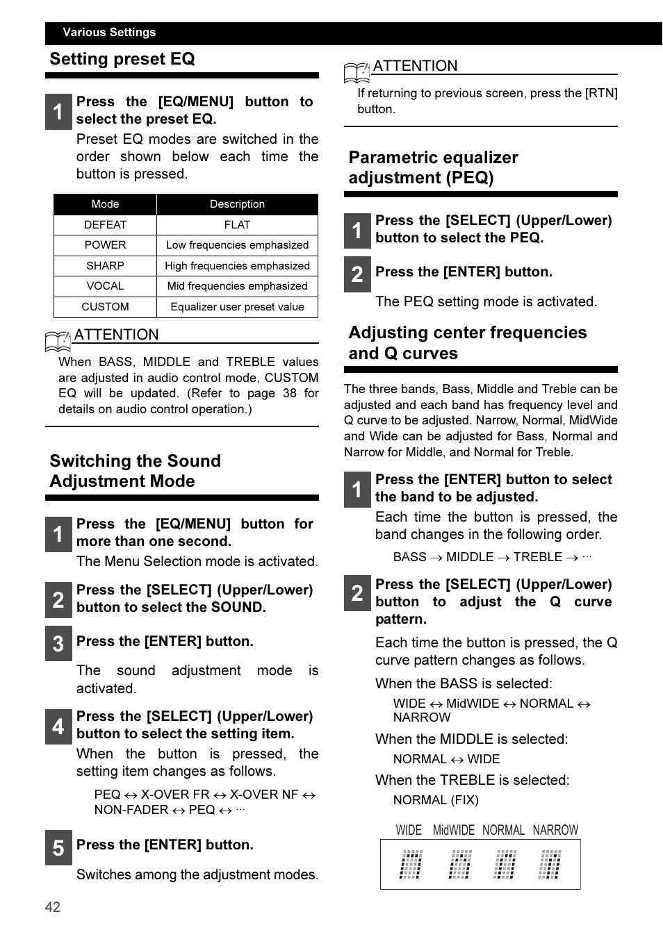 Setting preset eq, Switching the sound adjustment mode, Parametric equalizer adjustment (peq) | Adjusting center frequencies and q curves | Eclipse - Fujitsu Ten CD3100 User Manual | Page 42 / 215