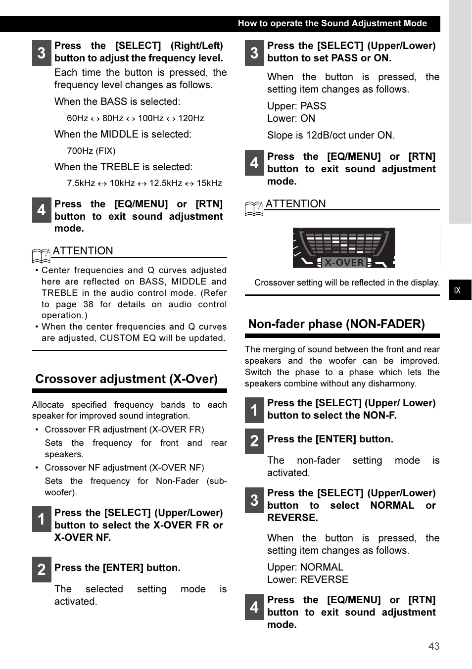 Crossover adjustment (x-over), Non-fader phase (non-fader) | Eclipse - Fujitsu Ten CD3100 User Manual | Page 43 / 215