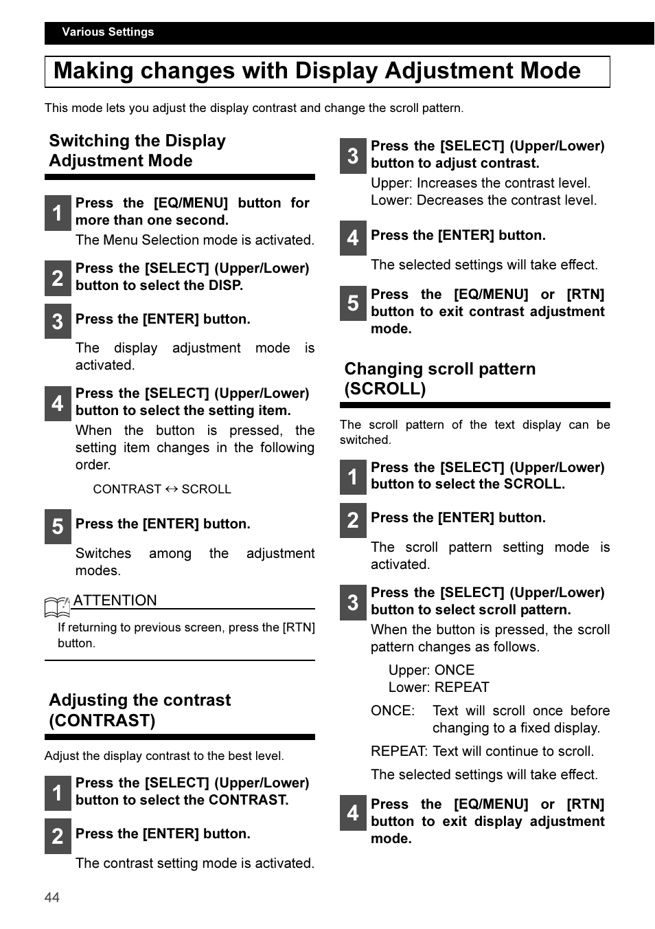 Making changes with display adjustment mode, Switching the display adjustment mode, Adjusting the contrast (contrast) | Changing scroll pattern (scroll) | Eclipse - Fujitsu Ten CD3100 User Manual | Page 44 / 215