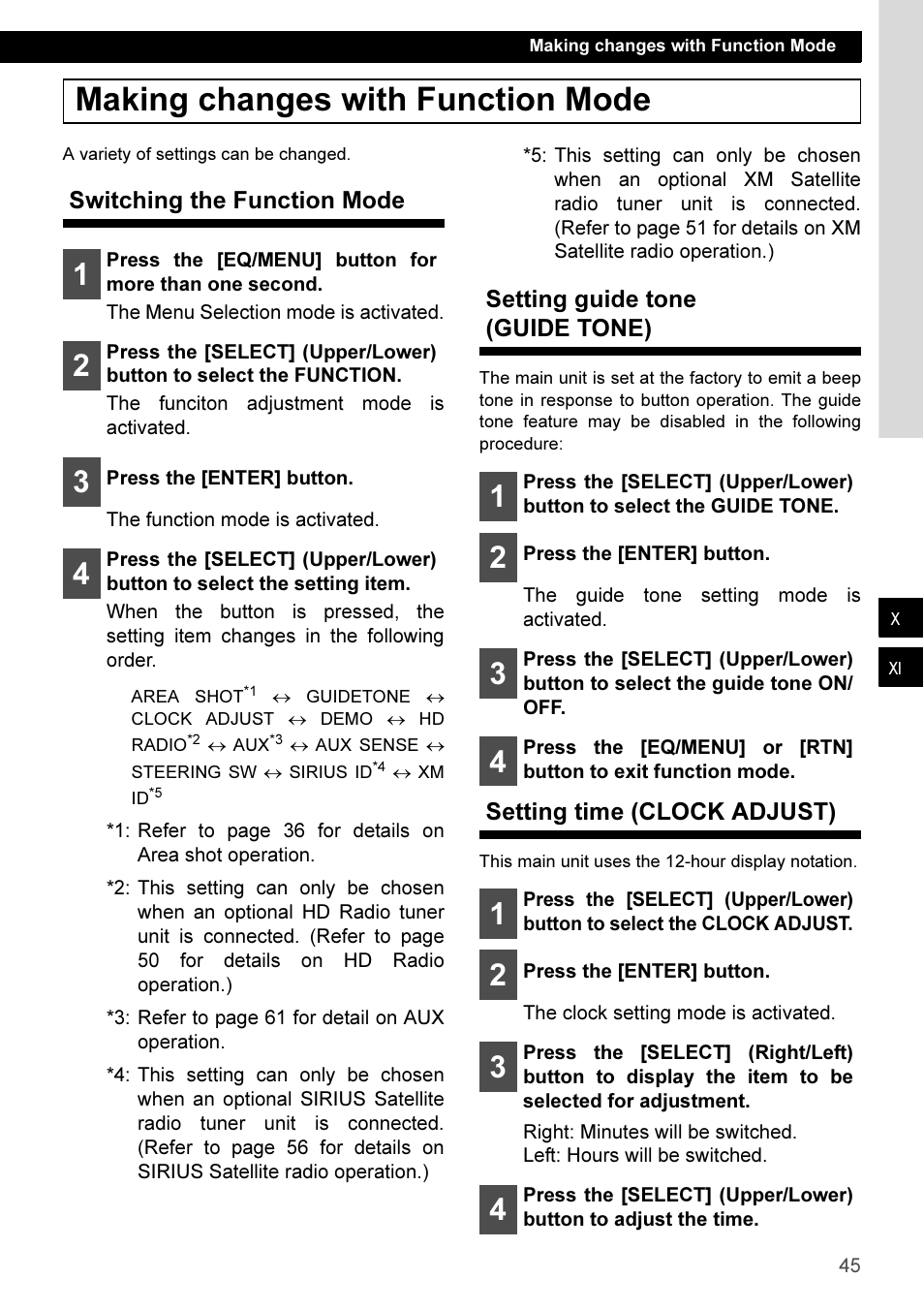 Making changes with function mode, Switching the function mode, Setting guide tone (guide tone) | Setting time (clock adjust) | Eclipse - Fujitsu Ten CD3100 User Manual | Page 45 / 215