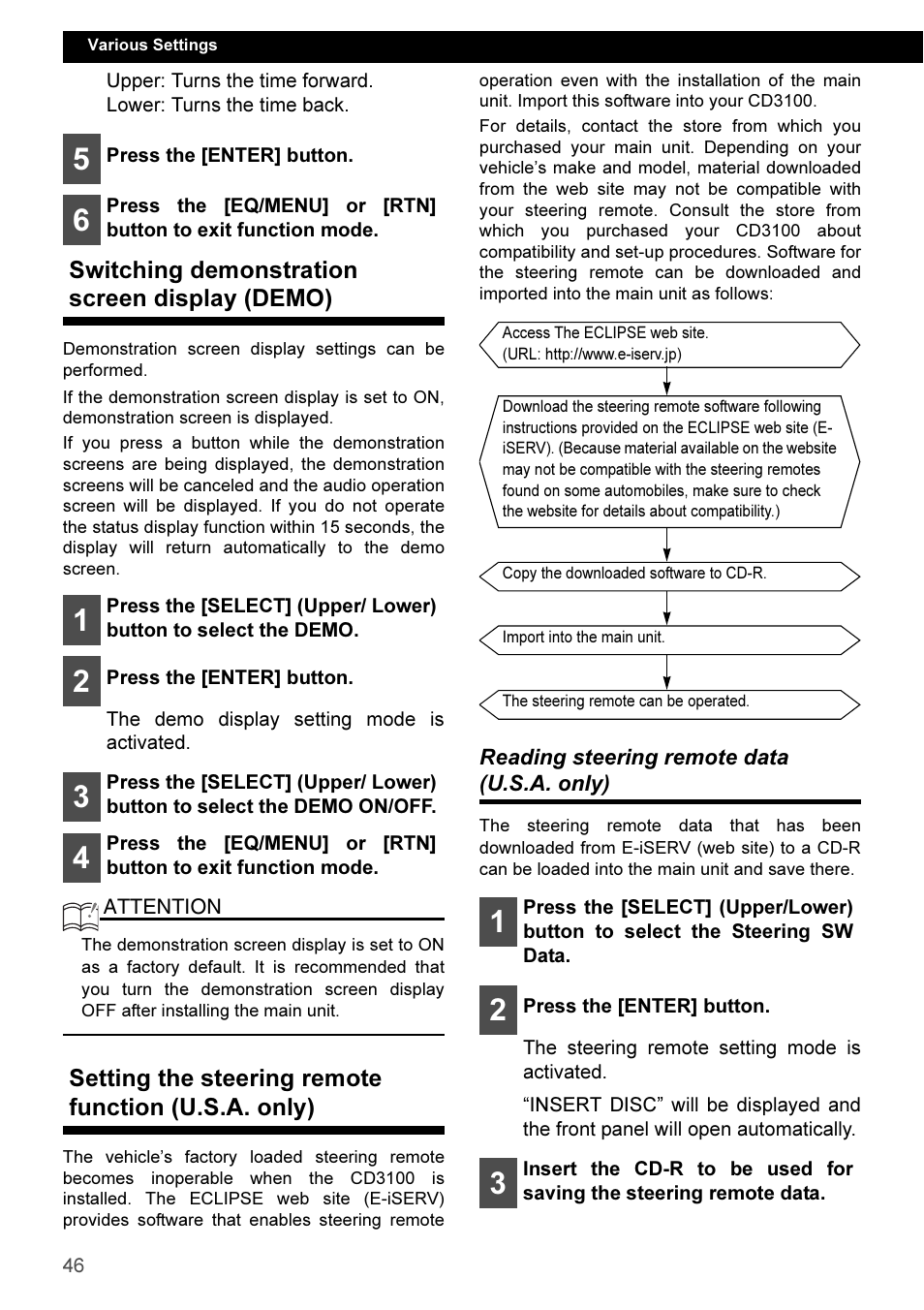 Switching demonstration screen display (demo), Setting the steering remote function (u.s.a. only), Reading steering remote data (u.s.a. only) | Eclipse - Fujitsu Ten CD3100 User Manual | Page 46 / 215