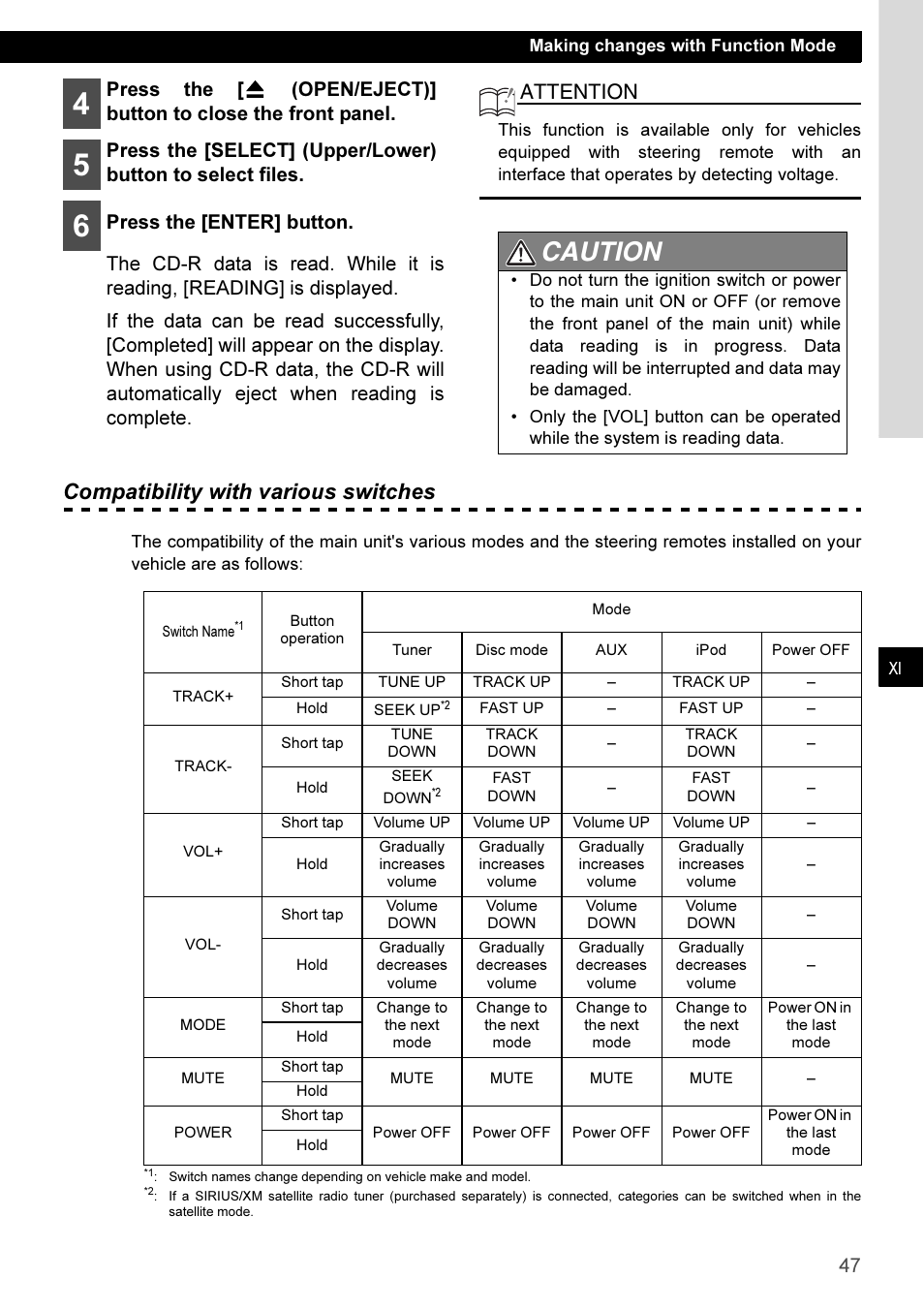 Caution, Compatibility with various switches, Attention | Press the [enter] button | Eclipse - Fujitsu Ten CD3100 User Manual | Page 47 / 215