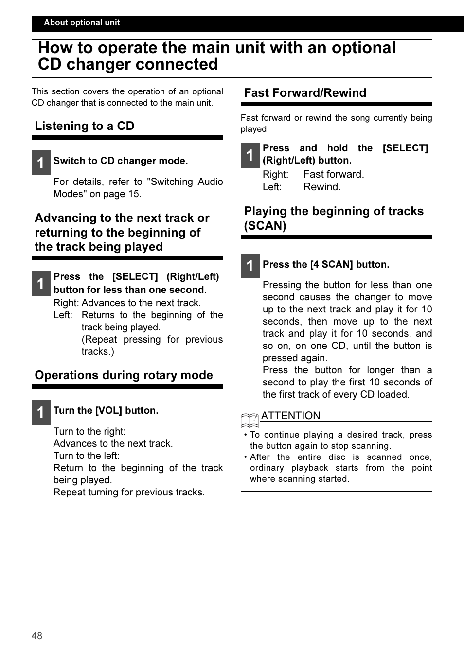 Listening to a cd, Operations during rotary mode, Fast forward/rewind | Playing the beginning of tracks (scan) | Eclipse - Fujitsu Ten CD3100 User Manual | Page 48 / 215