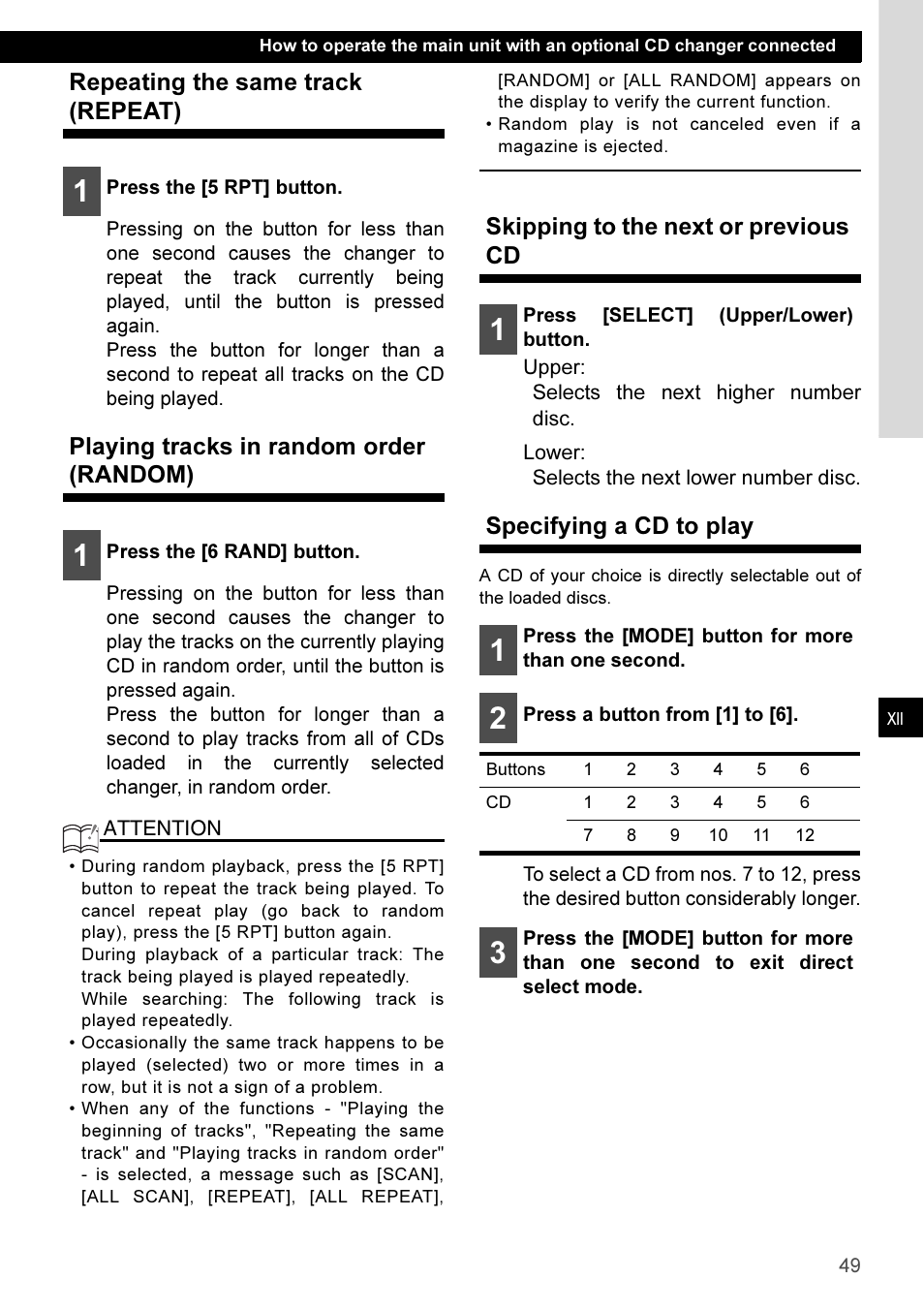 Repeating the same track (repeat), Playing tracks in random order (random), Skipping to the next or previous cd | Specifying a cd to play | Eclipse - Fujitsu Ten CD3100 User Manual | Page 49 / 215