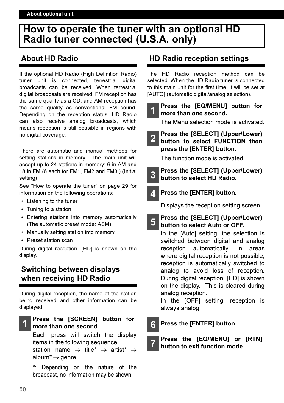 About hd radio, Switching between displays when receiving hd radio, Hd radio reception settings | Eclipse - Fujitsu Ten CD3100 User Manual | Page 50 / 215