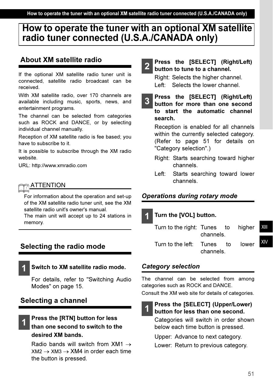 About xm satellite radio, Selecting the radio mode, Selecting a channel | Operations during rotary mode, Category selection, Operations during rotary mode category selection | Eclipse - Fujitsu Ten CD3100 User Manual | Page 51 / 215