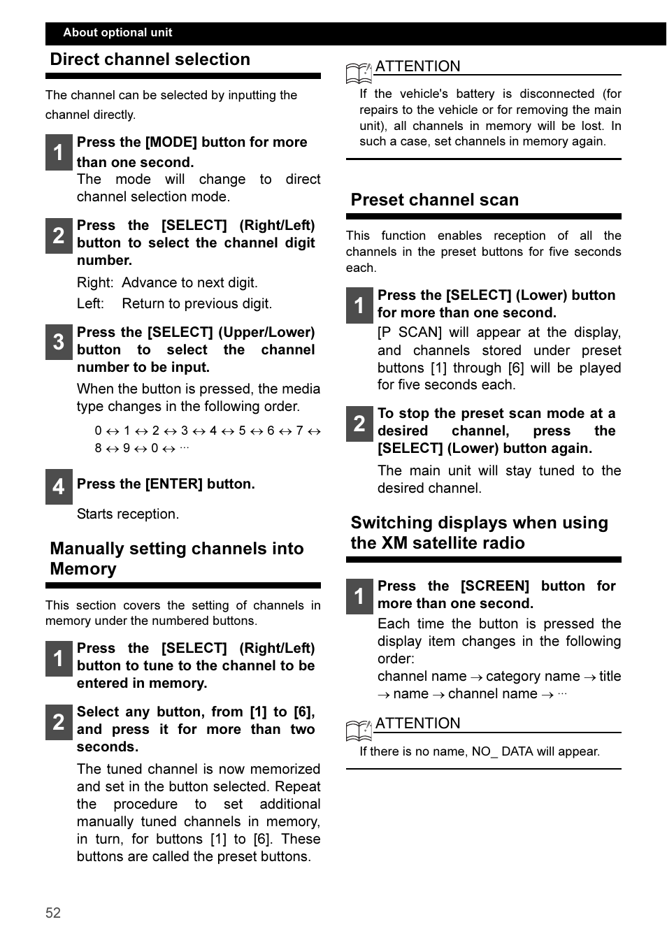 Direct channel selection, Manually setting channels into memory, Preset channel scan | Eclipse - Fujitsu Ten CD3100 User Manual | Page 52 / 215