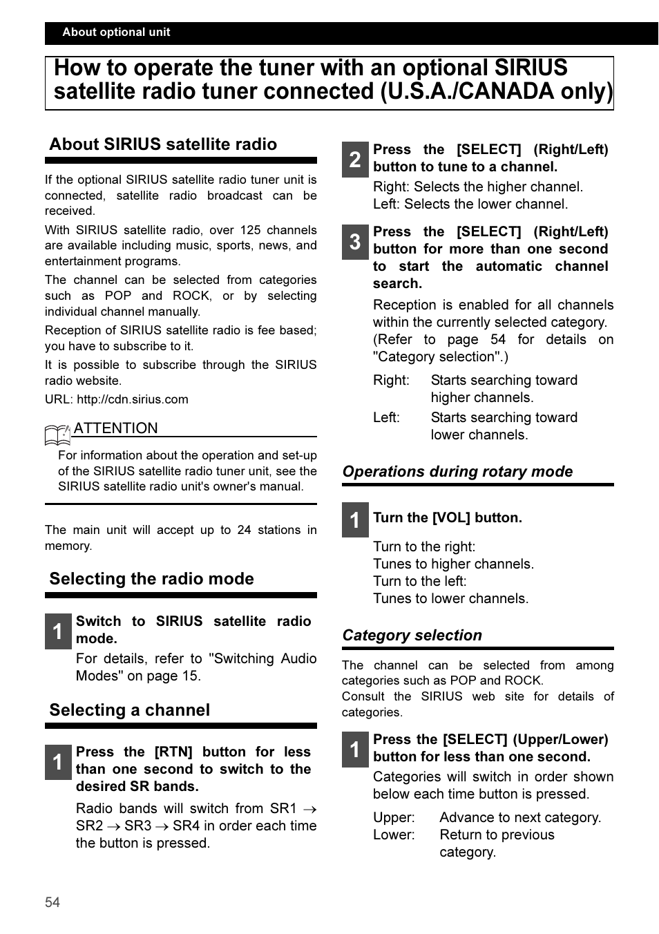 About sirius satellite radio, Selecting the radio mode, Selecting a channel | Operations during rotary mode, Category selection, Operations during rotary mode category selection | Eclipse - Fujitsu Ten CD3100 User Manual | Page 54 / 215