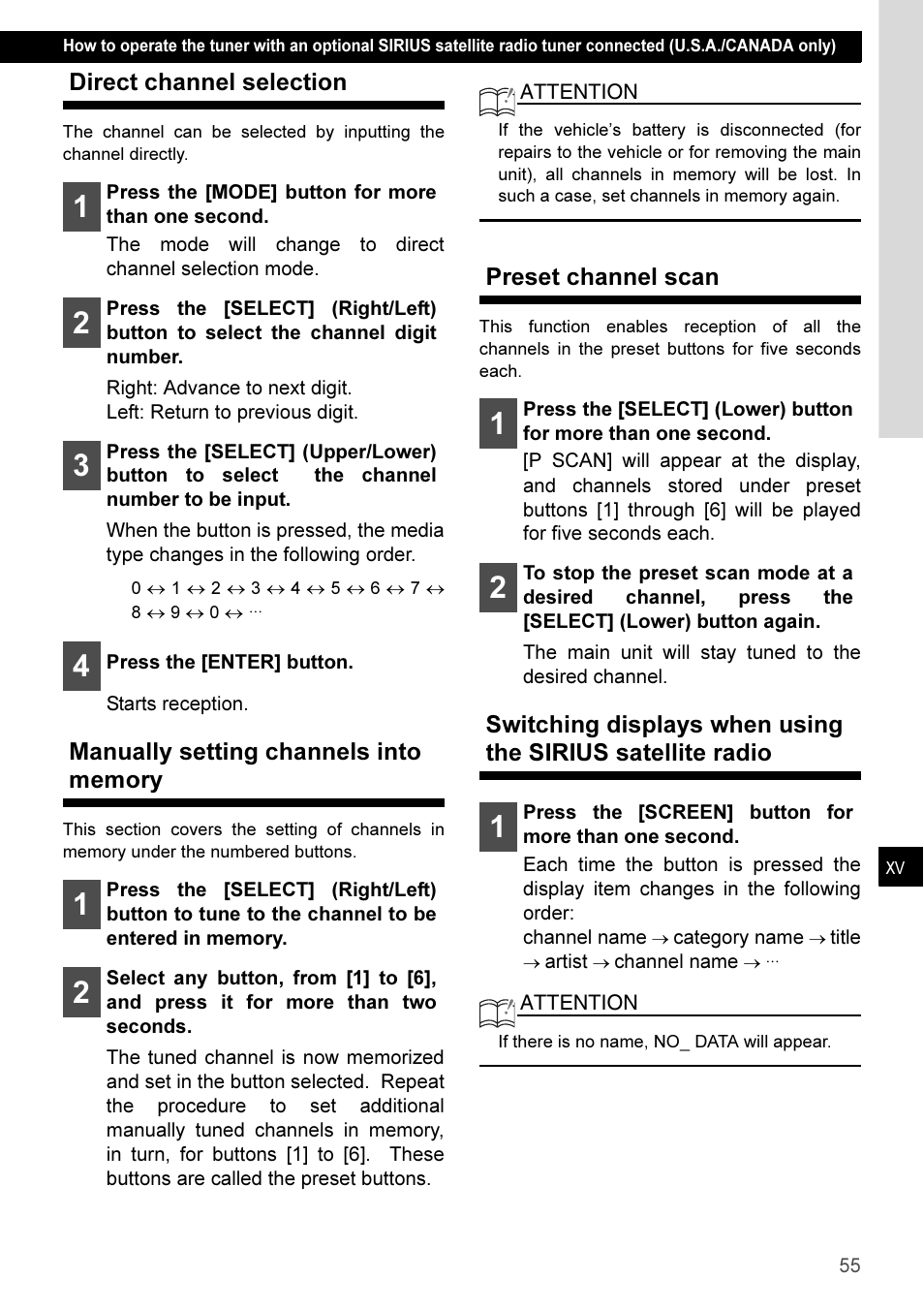 Direct channel selection, Manually setting channels into memory, Preset channel scan | Eclipse - Fujitsu Ten CD3100 User Manual | Page 55 / 215