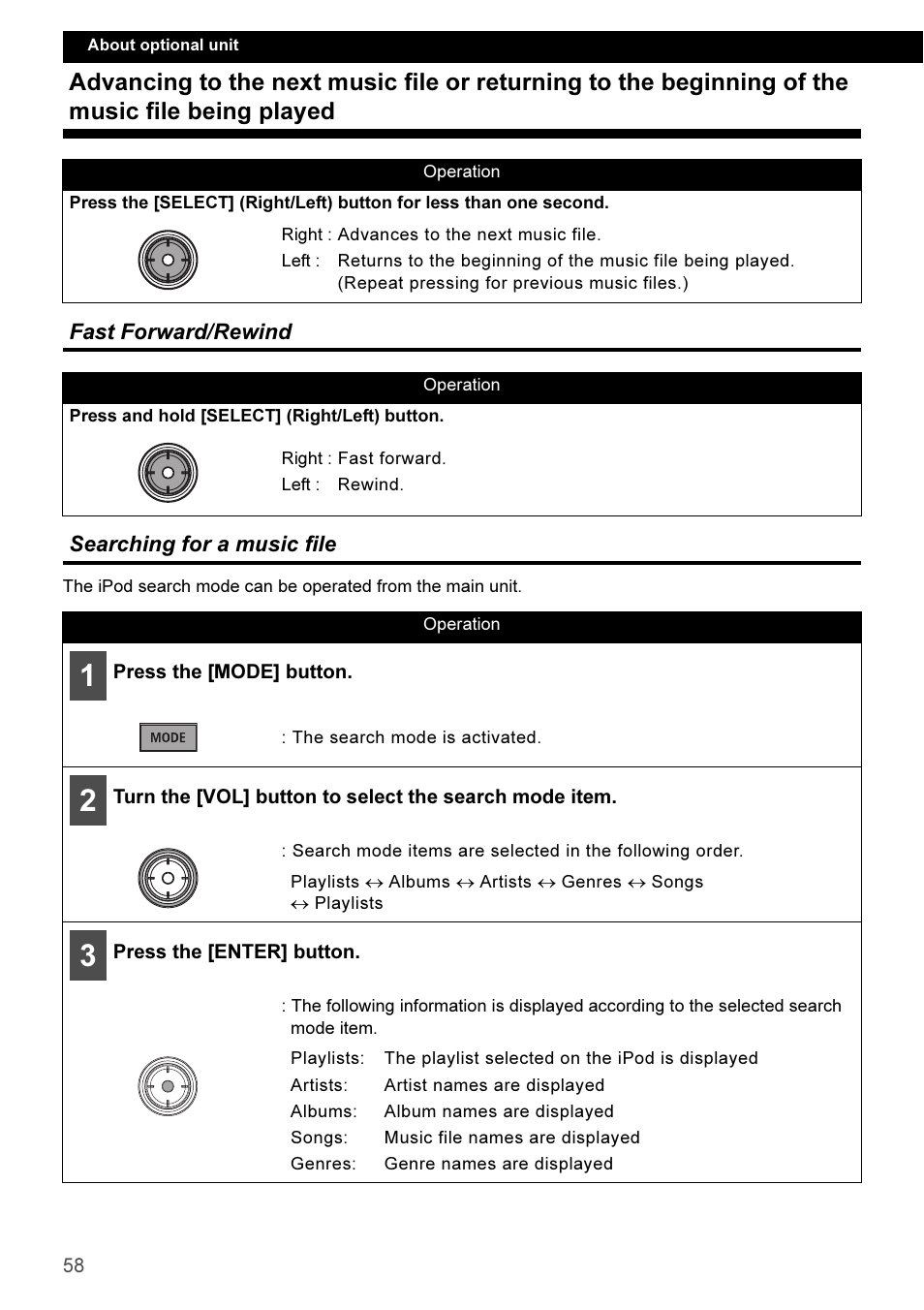 Fast forward/rewind, Searching for a music file, Of the music file being played | Eclipse - Fujitsu Ten CD3100 User Manual | Page 58 / 215