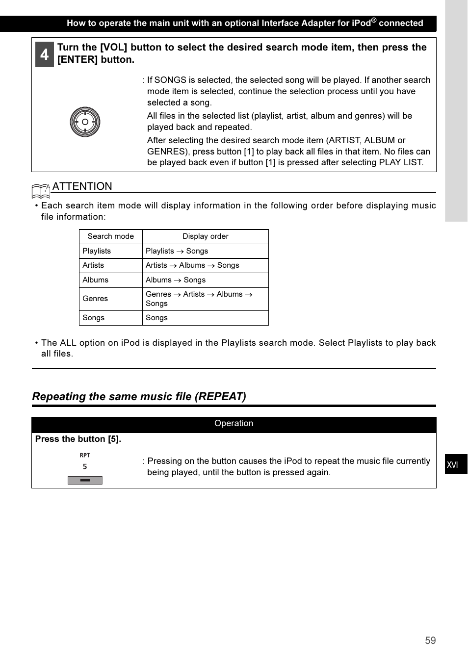 Repeating the same music file (repeat), Attention | Eclipse - Fujitsu Ten CD3100 User Manual | Page 59 / 215