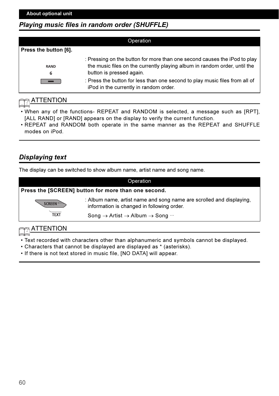 Playing music files in random order (shuffle), Displaying text | Eclipse - Fujitsu Ten CD3100 User Manual | Page 60 / 215