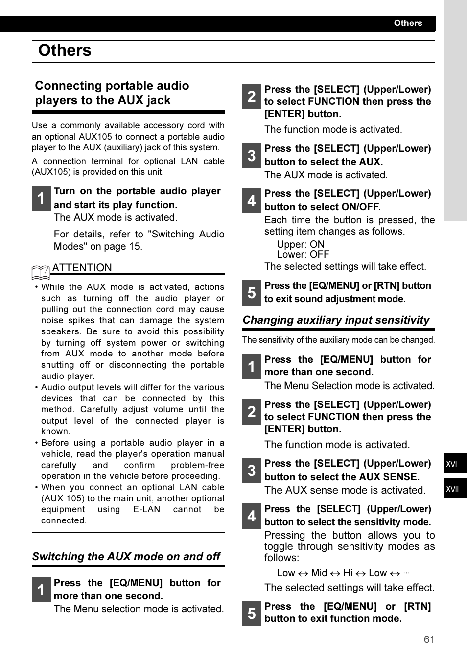 Others, Connecting portable audio players to the aux jack, Switching the aux mode on and off | Changing auxiliary input sensitivity | Eclipse - Fujitsu Ten CD3100 User Manual | Page 61 / 215