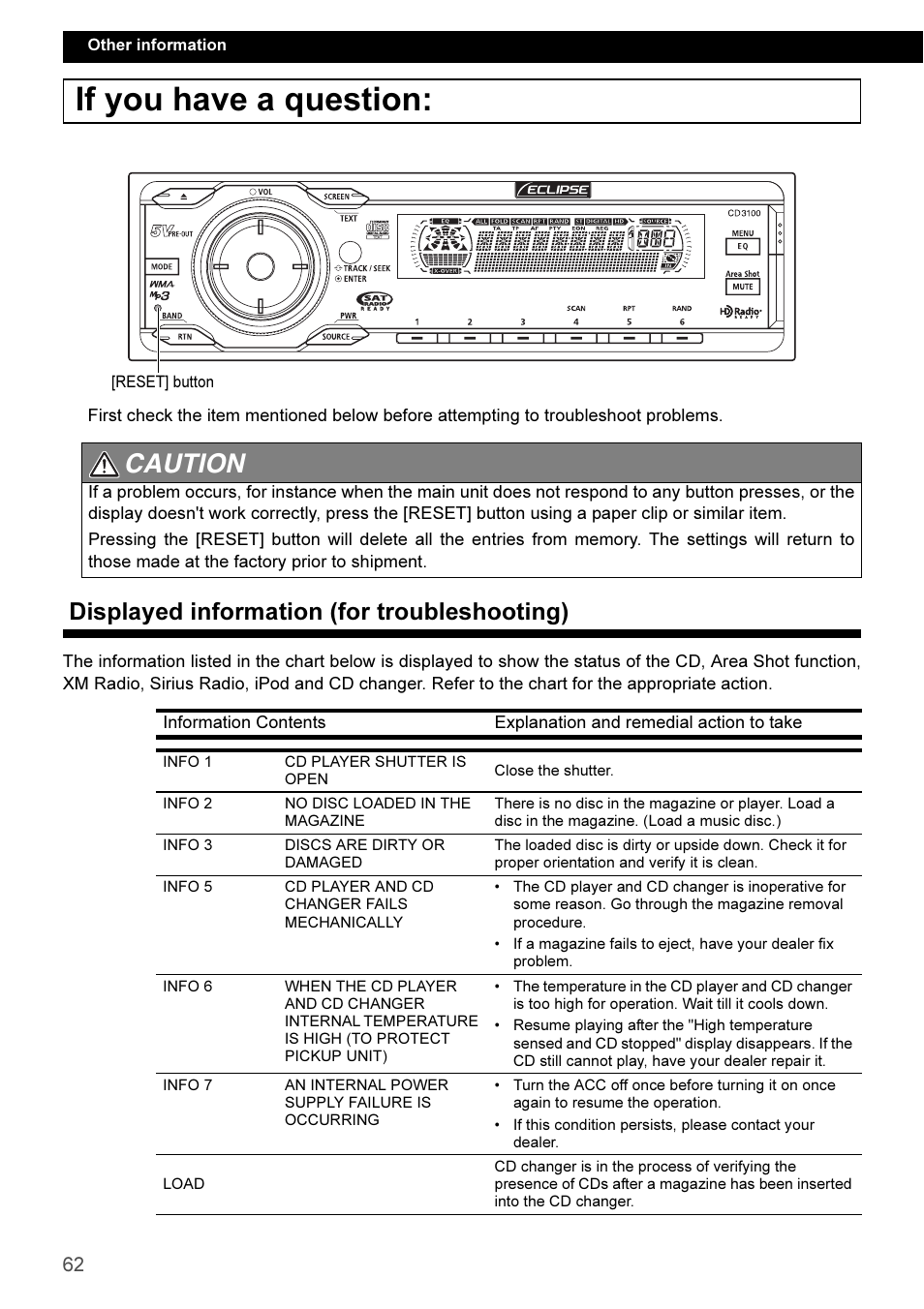 If you have a question, Displayed information (for troubleshooting), Caution | Eclipse - Fujitsu Ten CD3100 User Manual | Page 62 / 215