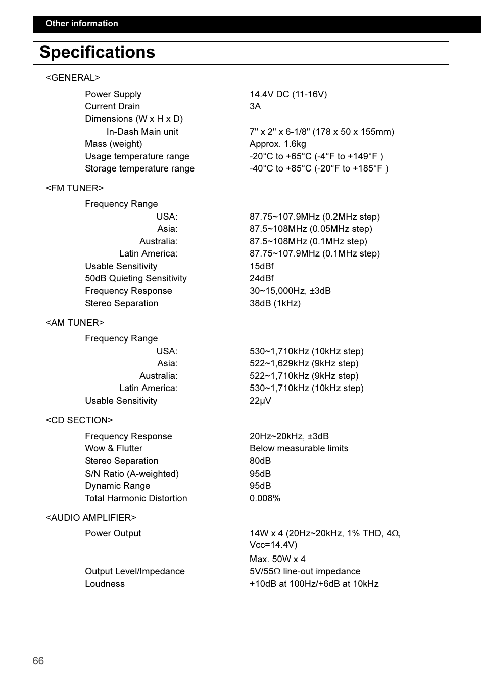 Specifications | Eclipse - Fujitsu Ten CD3100 User Manual | Page 66 / 215