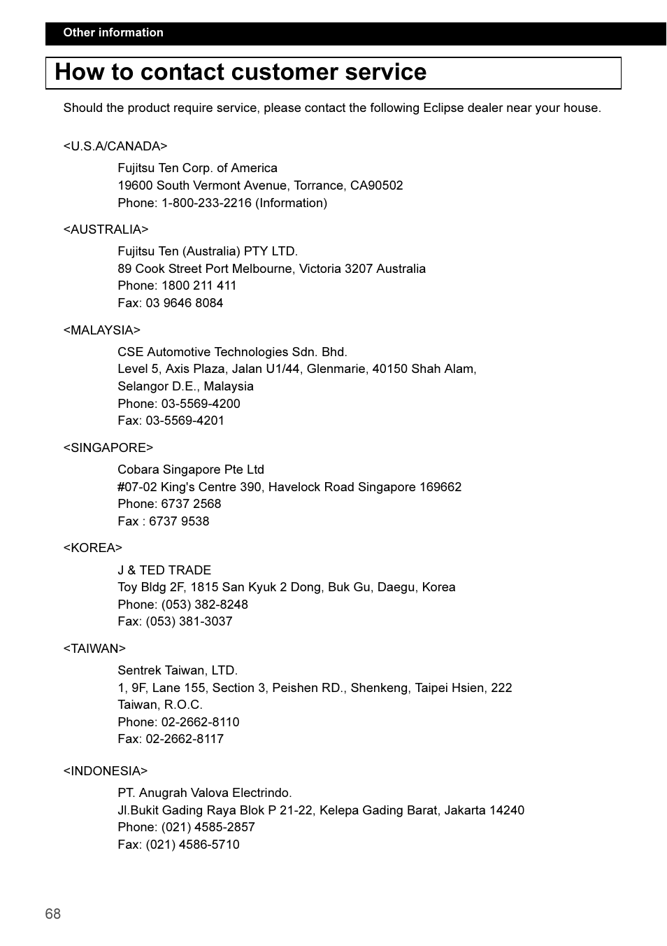 How to contact customer service | Eclipse - Fujitsu Ten CD3100 User Manual | Page 68 / 215