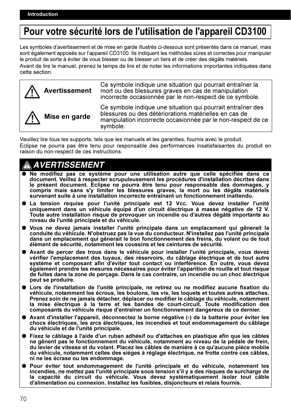 Français, Avertissement | Eclipse - Fujitsu Ten CD3100 User Manual | Page 70 / 215