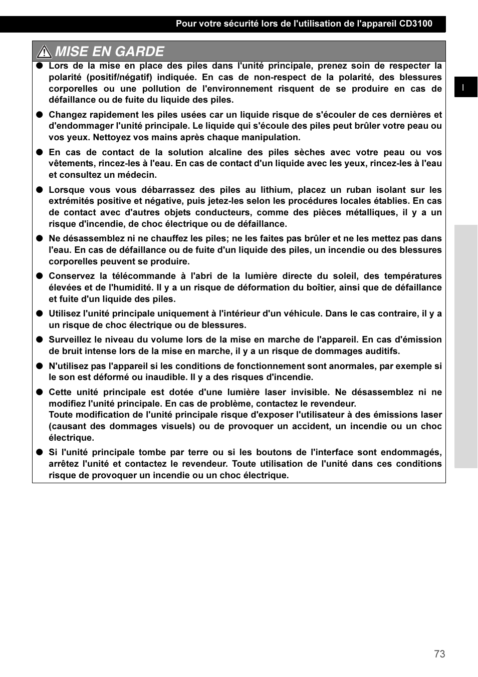 Mise en garde | Eclipse - Fujitsu Ten CD3100 User Manual | Page 73 / 215