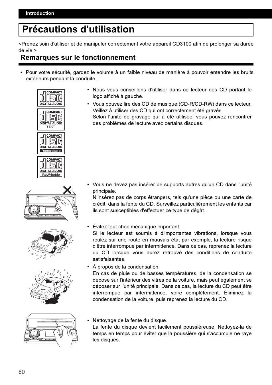 Précautions d'utilisation, Remarques sur le fonctionnement | Eclipse - Fujitsu Ten CD3100 User Manual | Page 80 / 215