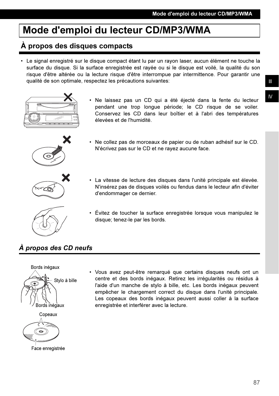 Mode d'emploi du lecteur cd/mp3/wma, À propos des disques compacts, À propos des cd neufs | Eclipse - Fujitsu Ten CD3100 User Manual | Page 87 / 215