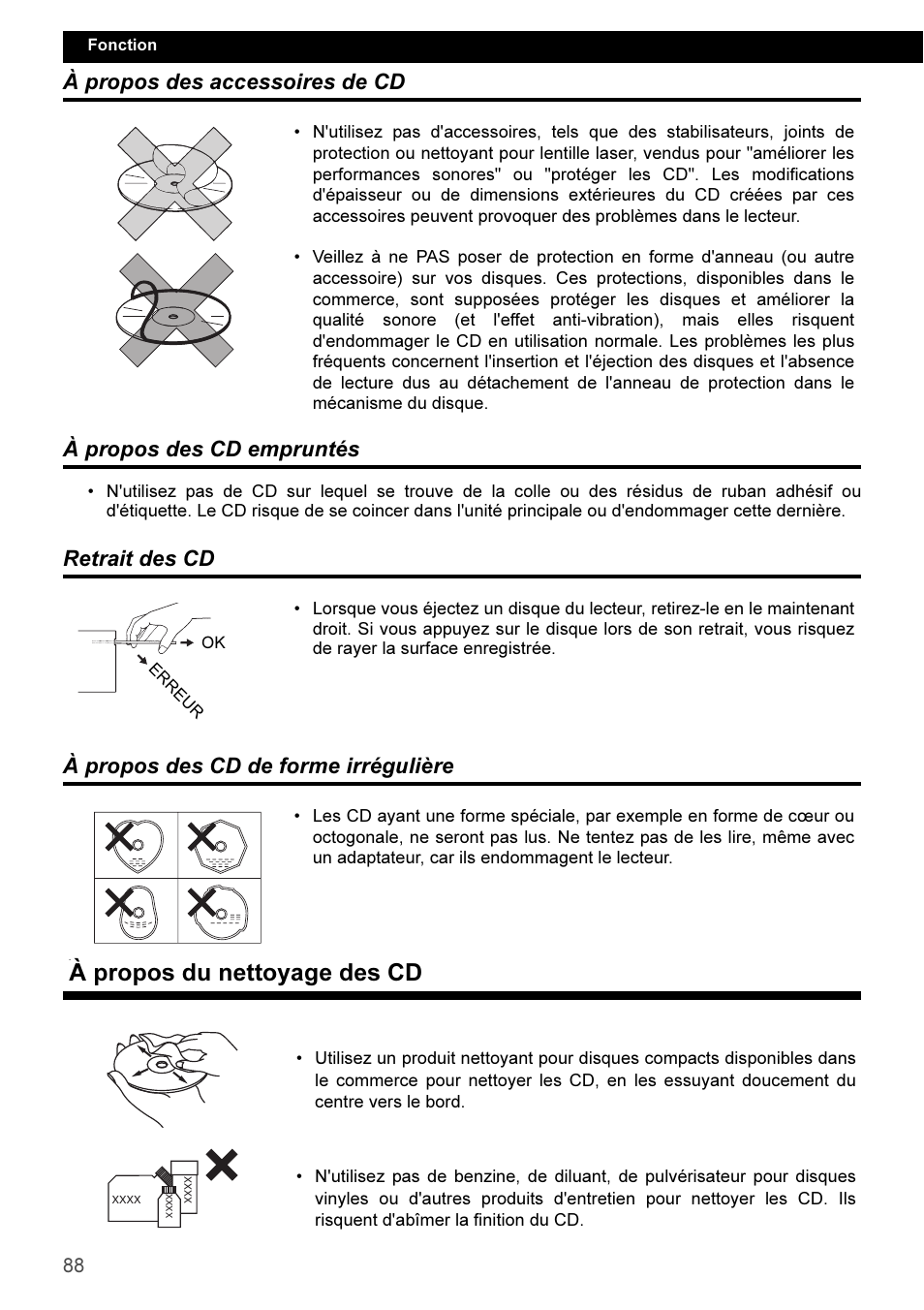 À propos des accessoires de cd, À propos des cd empruntés, Retrait des cd | À propos des cd de forme irrégulière, À propos du nettoyage des cd | Eclipse - Fujitsu Ten CD3100 User Manual | Page 88 / 215