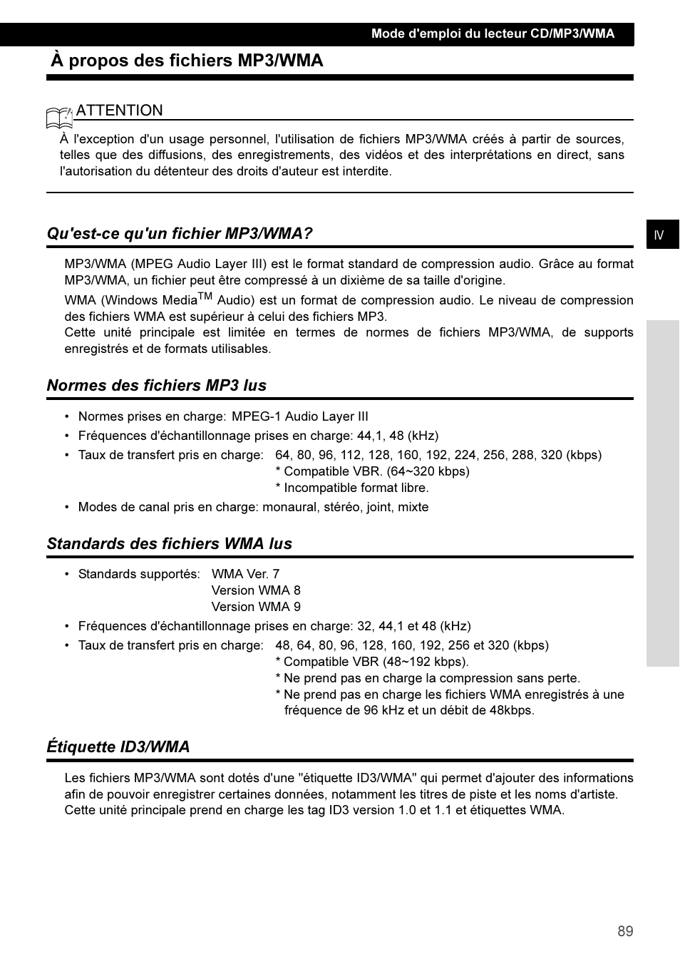 À propos des fichiers mp3/wma, Qu'est-ce qu'un fichier mp3/wma, Normes des fichiers mp3 lus | Standards des fichiers wma lus, Étiquette id3/wma | Eclipse - Fujitsu Ten CD3100 User Manual | Page 89 / 215