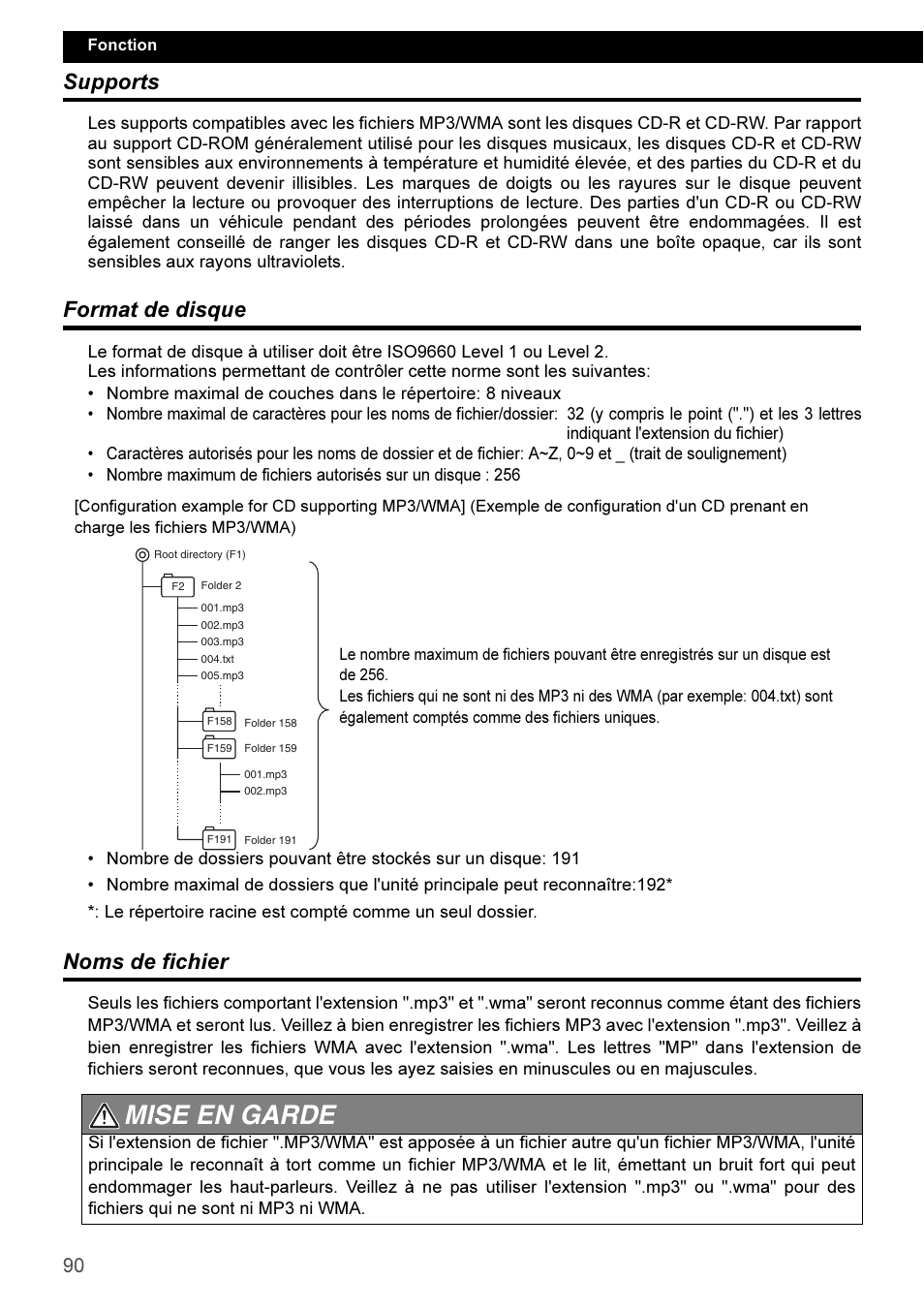 Supports, Format de disque, Noms de fichier | Mise en garde | Eclipse - Fujitsu Ten CD3100 User Manual | Page 90 / 215