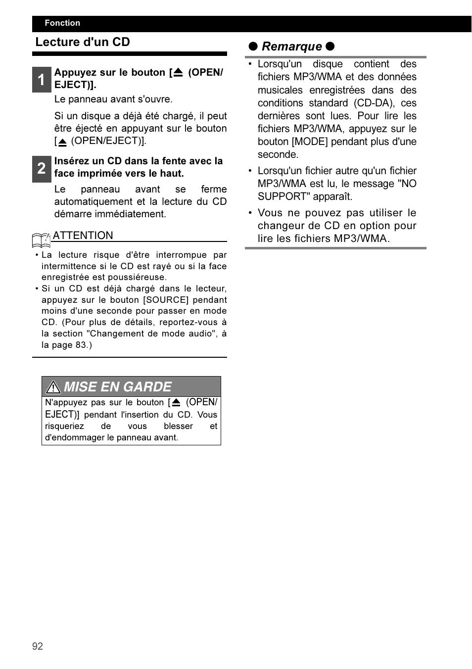 Lecture d'un cd, Mise en garde | Eclipse - Fujitsu Ten CD3100 User Manual | Page 92 / 215