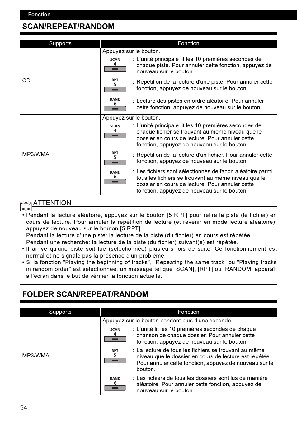 Scan/repeat/random, Folder scan/repeat/random | Eclipse - Fujitsu Ten CD3100 User Manual | Page 94 / 215