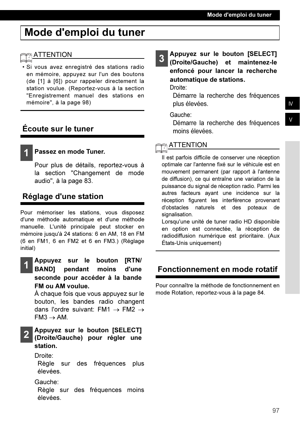 Mode d'emploi du tuner, Écoute sur le tuner, Réglage d'une station | Fonctionnement en mode rotatif | Eclipse - Fujitsu Ten CD3100 User Manual | Page 97 / 215