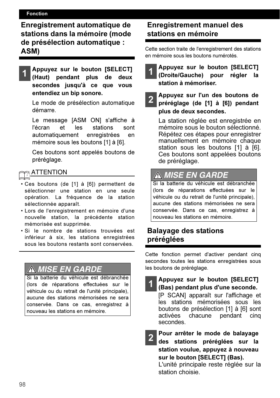 Enregistrement manuel des stations en mémoire, Balayage des stations préréglées, Mise en garde | Eclipse - Fujitsu Ten CD3100 User Manual | Page 98 / 215