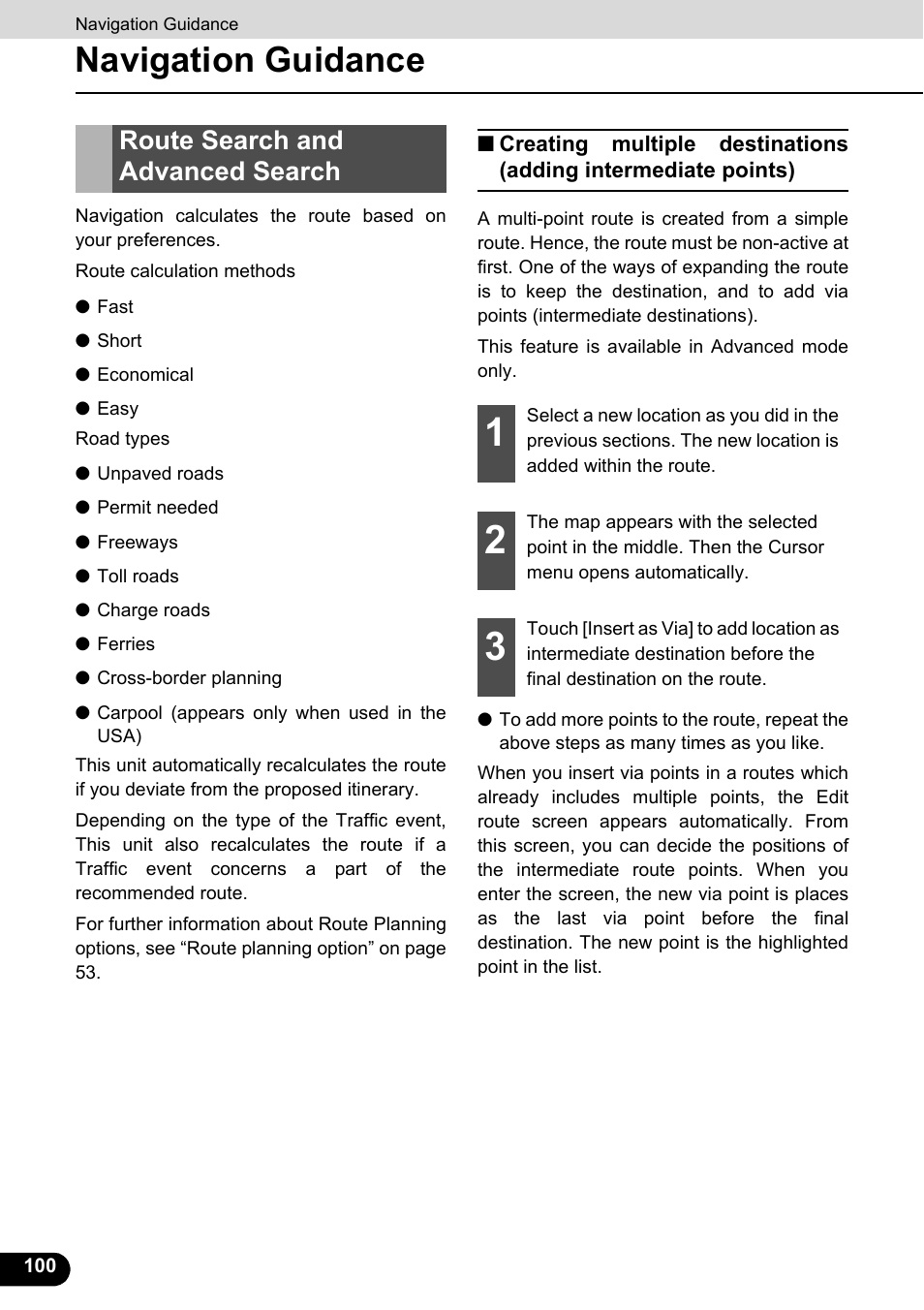 Route search and advanced search, Navigation guidance | Eclipse - Fujitsu Ten ECLIPSE AVN726E User Manual | Page 102 / 230