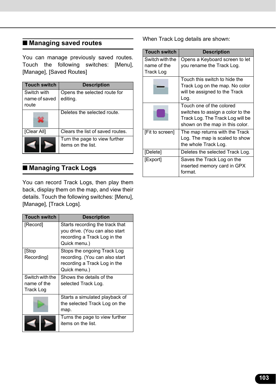 Managing saved routes, Managing track logs, Managing saved routes managing track logs | Eclipse - Fujitsu Ten ECLIPSE AVN726E User Manual | Page 105 / 230