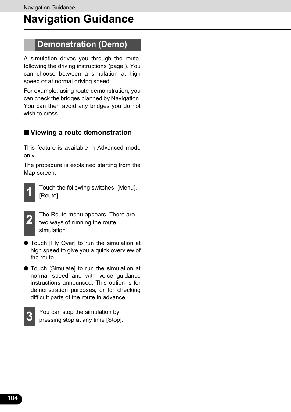 Demonstration (demo), Viewing a route demonstration, Navigation guidance | Eclipse - Fujitsu Ten ECLIPSE AVN726E User Manual | Page 106 / 230