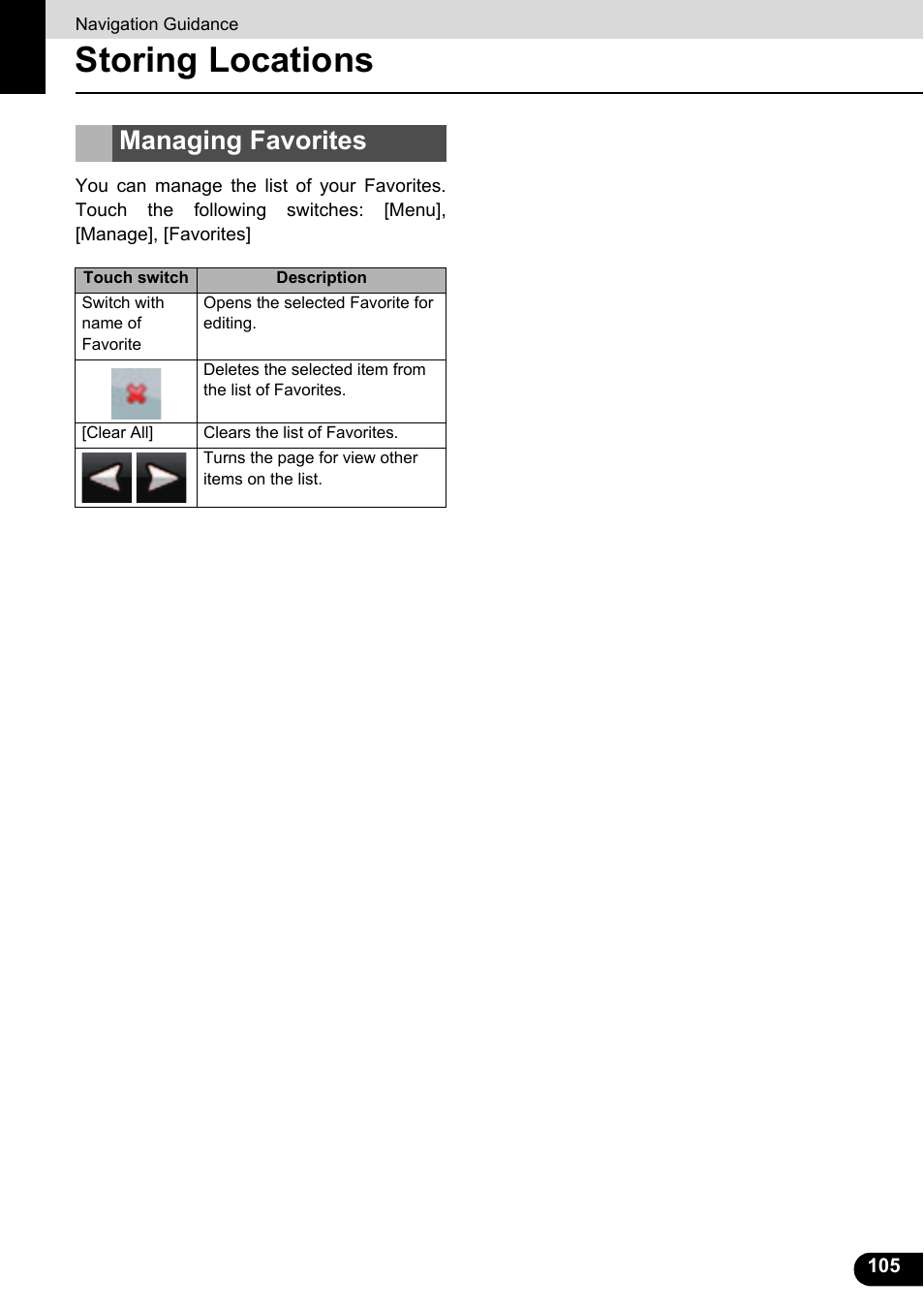 Storing locations, Managing favorites | Eclipse - Fujitsu Ten ECLIPSE AVN726E User Manual | Page 107 / 230