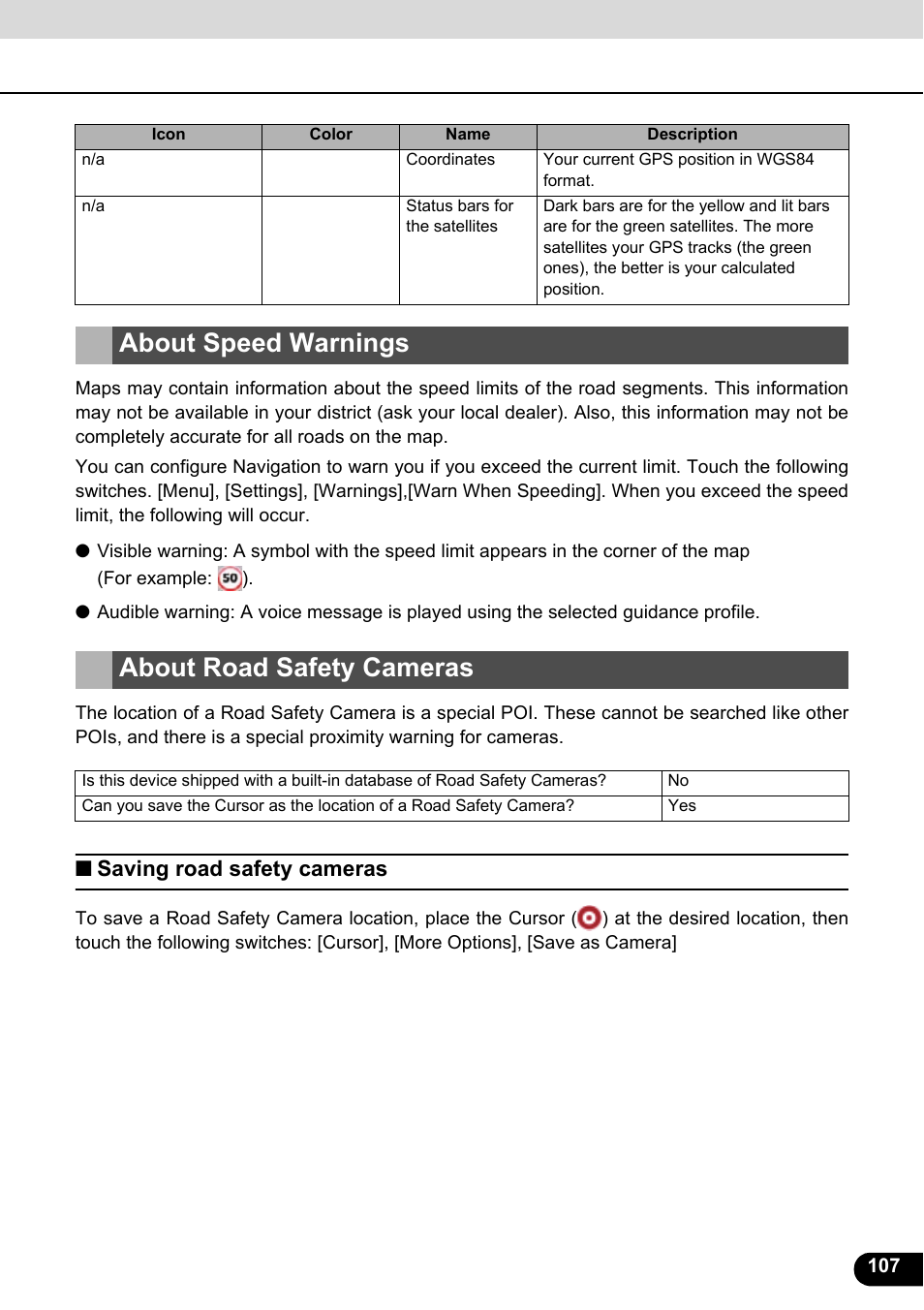 About speed warnings, About road safety cameras, Saving road safety cameras | About speed warnings about road safety cameras | Eclipse - Fujitsu Ten ECLIPSE AVN726E User Manual | Page 109 / 230