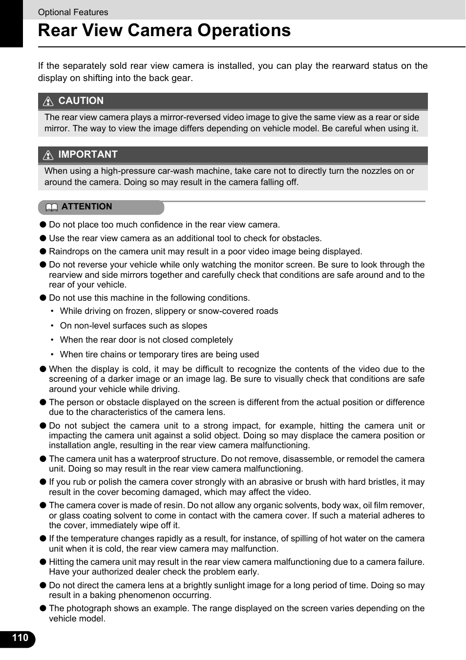 Optional features, Rear view camera operations | Eclipse - Fujitsu Ten ECLIPSE AVN726E User Manual | Page 112 / 230