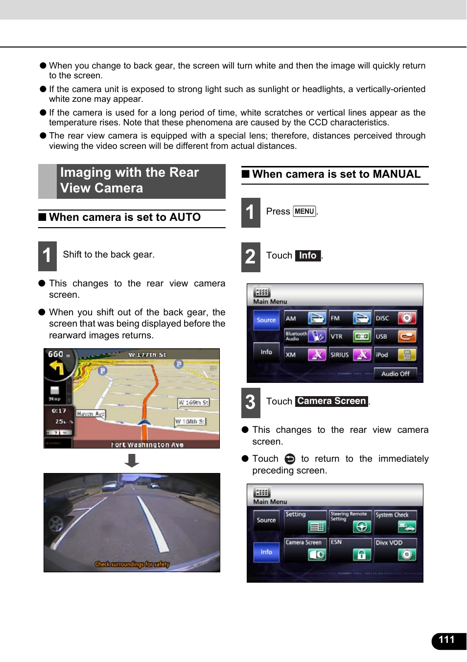 Imaging with the rear view camera, When camera is set to auto, When camera is set to manual | Eclipse - Fujitsu Ten ECLIPSE AVN726E User Manual | Page 113 / 230