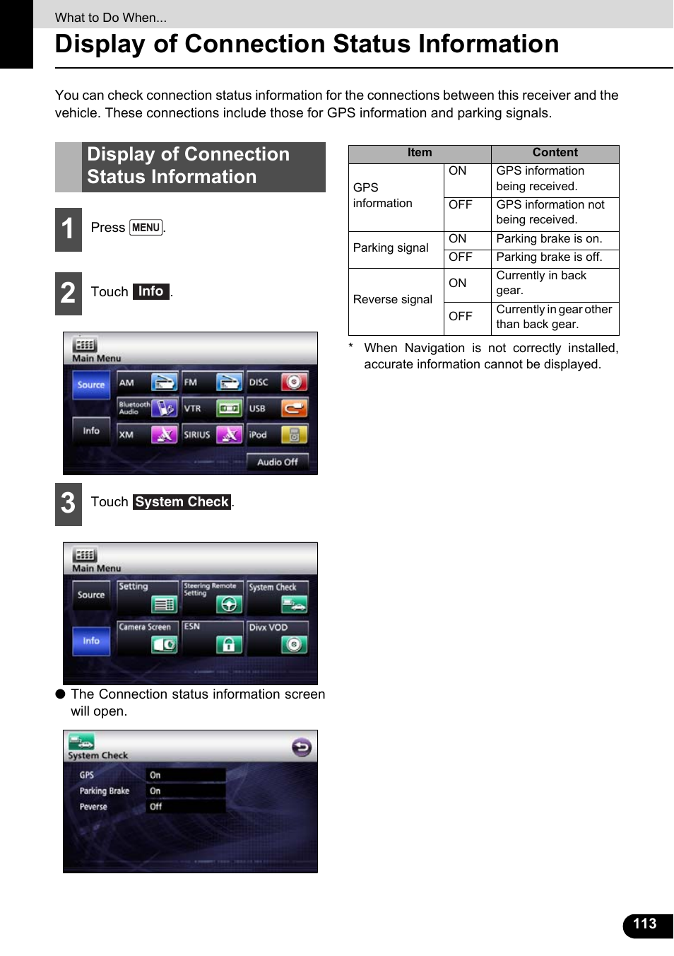 What to do when, Display of connection status information | Eclipse - Fujitsu Ten ECLIPSE AVN726E User Manual | Page 115 / 230