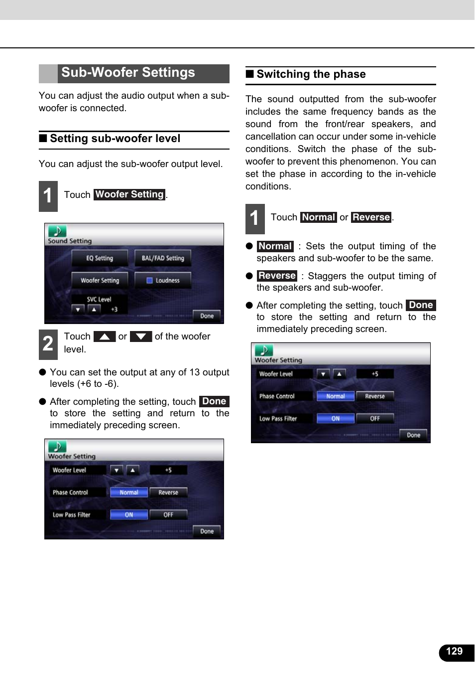 Sub-woofer settings, Setting sub-woofer level, Switching the phase | Setting sub-woofer level switching the phase | Eclipse - Fujitsu Ten ECLIPSE AVN726E User Manual | Page 131 / 230
