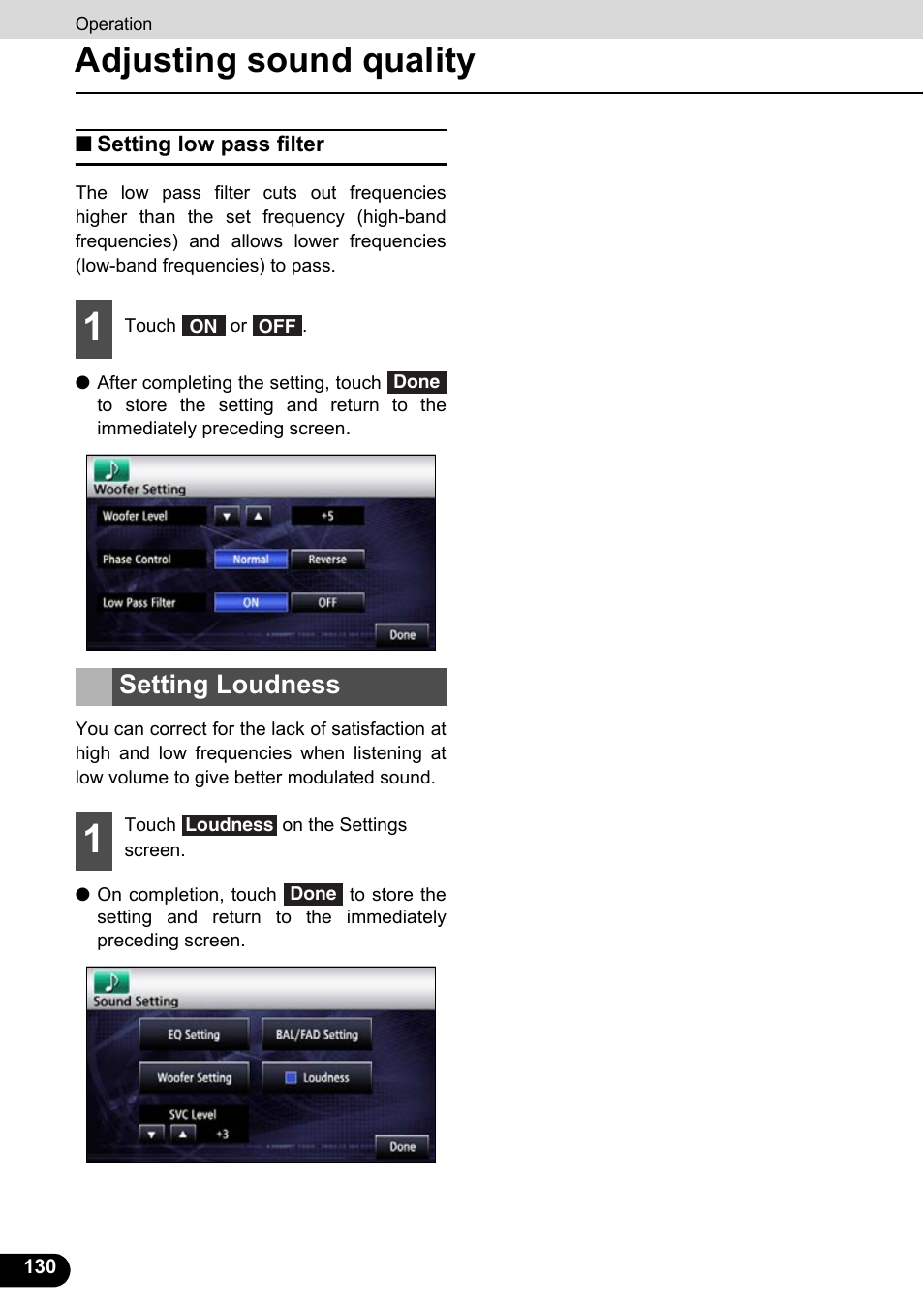 Setting low pass filter, Setting loudness, Adjusting sound quality | Eclipse - Fujitsu Ten ECLIPSE AVN726E User Manual | Page 132 / 230