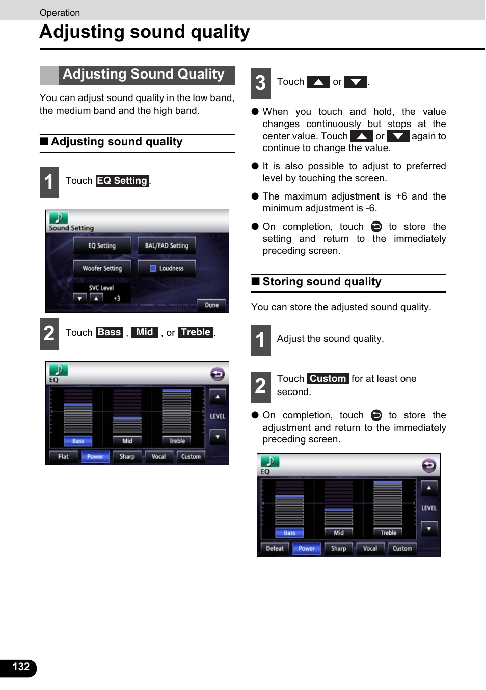 Adjusting sound quality, Storing sound quality, Adjusting sound quality storing sound quality | Eclipse - Fujitsu Ten ECLIPSE AVN726E User Manual | Page 134 / 230