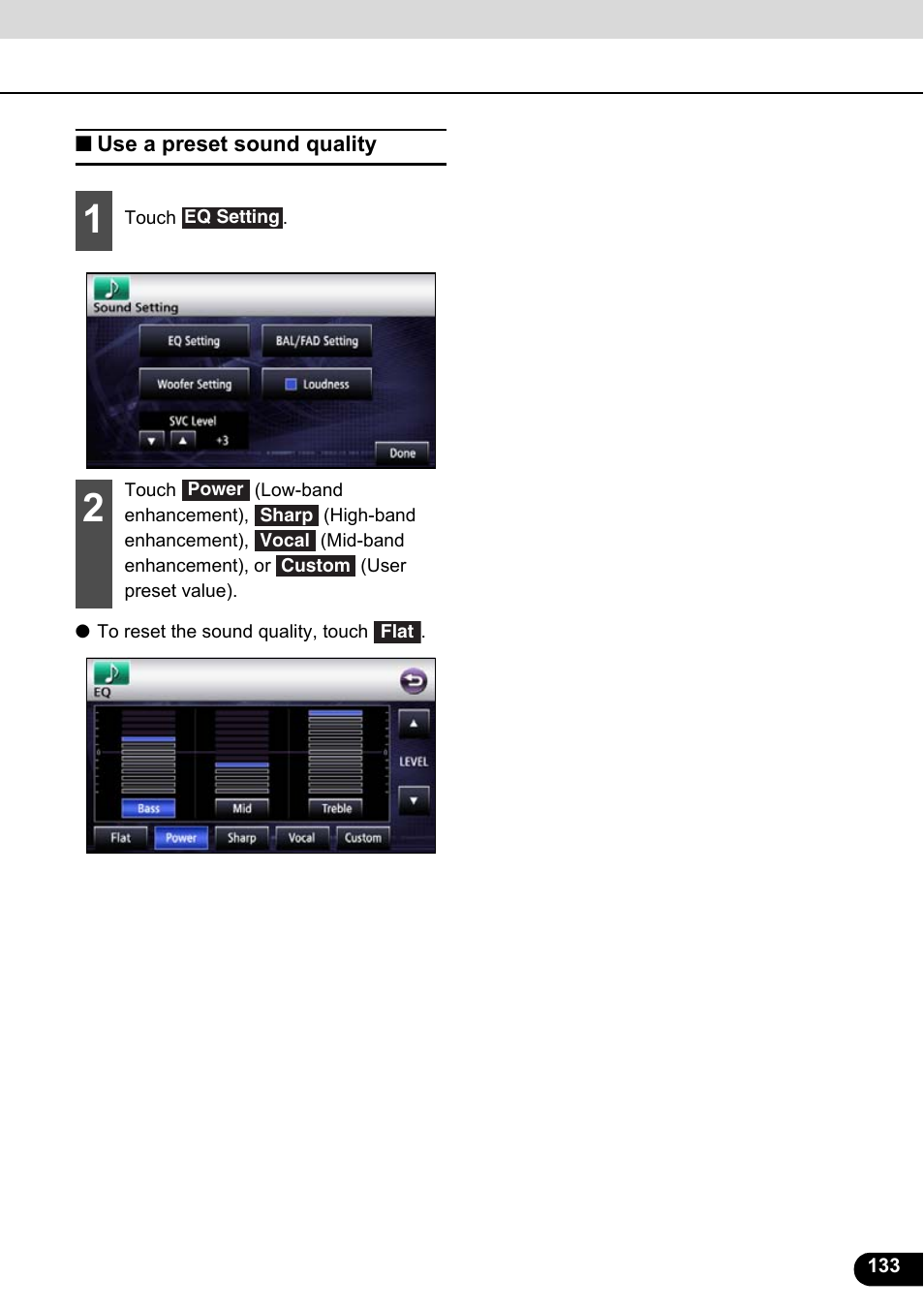 Use a preset sound quality | Eclipse - Fujitsu Ten ECLIPSE AVN726E User Manual | Page 135 / 230