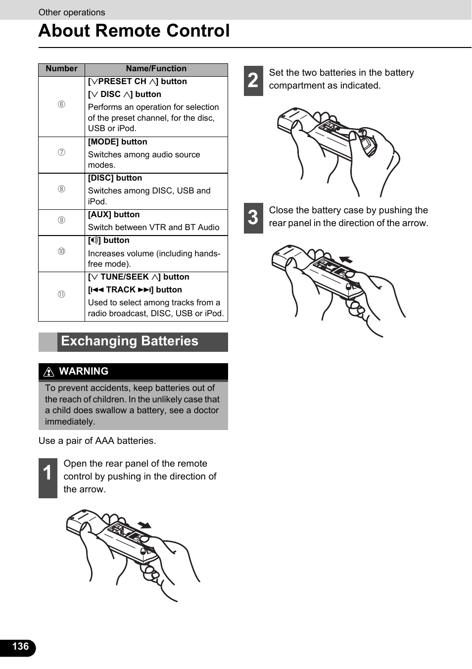 Exchanging batteries, About remote control | Eclipse - Fujitsu Ten ECLIPSE AVN726E User Manual | Page 138 / 230