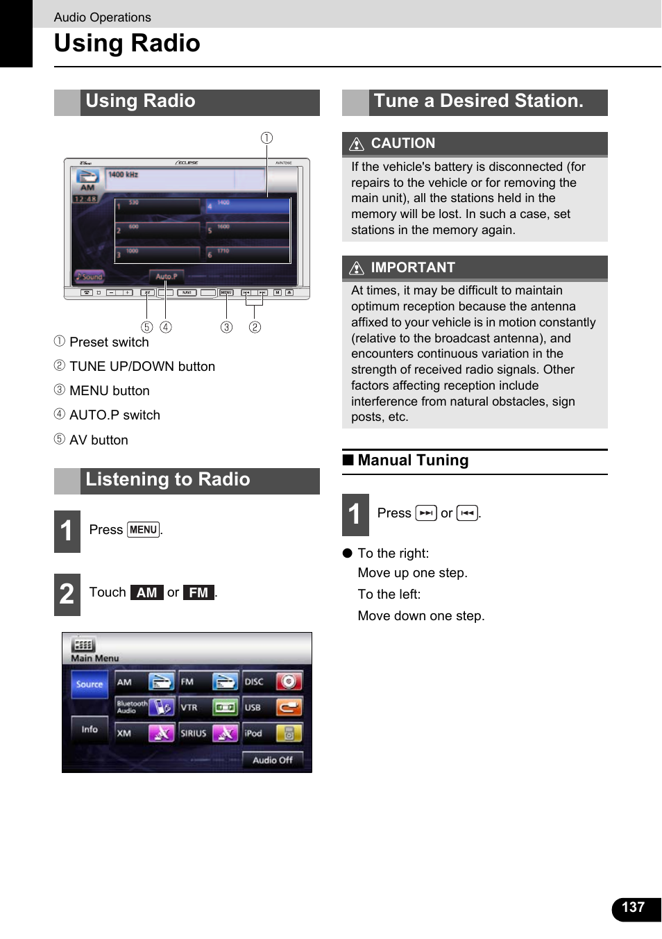 Audio operations, Using radio, Listening to radio | Tune a desired station, Manual tuning, Using radio listening to radio | Eclipse - Fujitsu Ten ECLIPSE AVN726E User Manual | Page 139 / 230