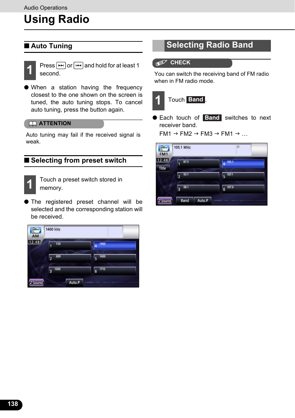 Auto tuning, Selecting from preset switch, Selecting radio band | Auto tuning selecting from preset switch, Using radio | Eclipse - Fujitsu Ten ECLIPSE AVN726E User Manual | Page 140 / 230